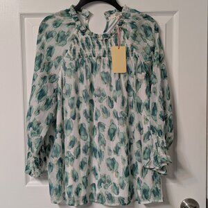 White Green Flutter Blouse 3/4 Sleeve - Medium